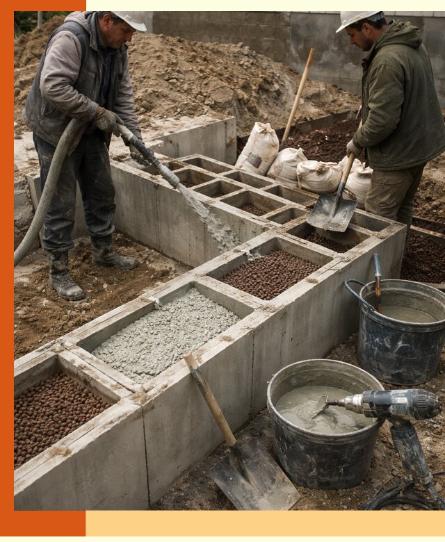 Заполнение полостей фундамента в чернушке герметичным утеплением и повышением прочности